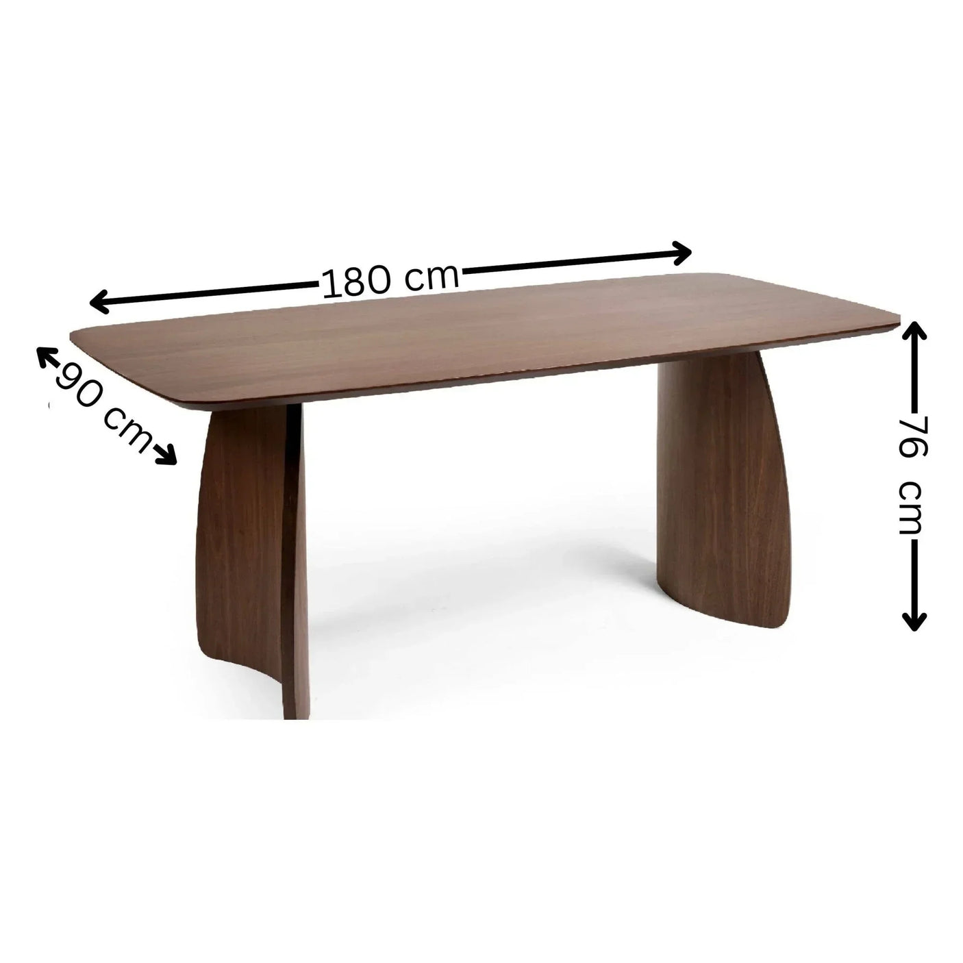 Rectangular walnut dining table with curved legs and size dimensions shown