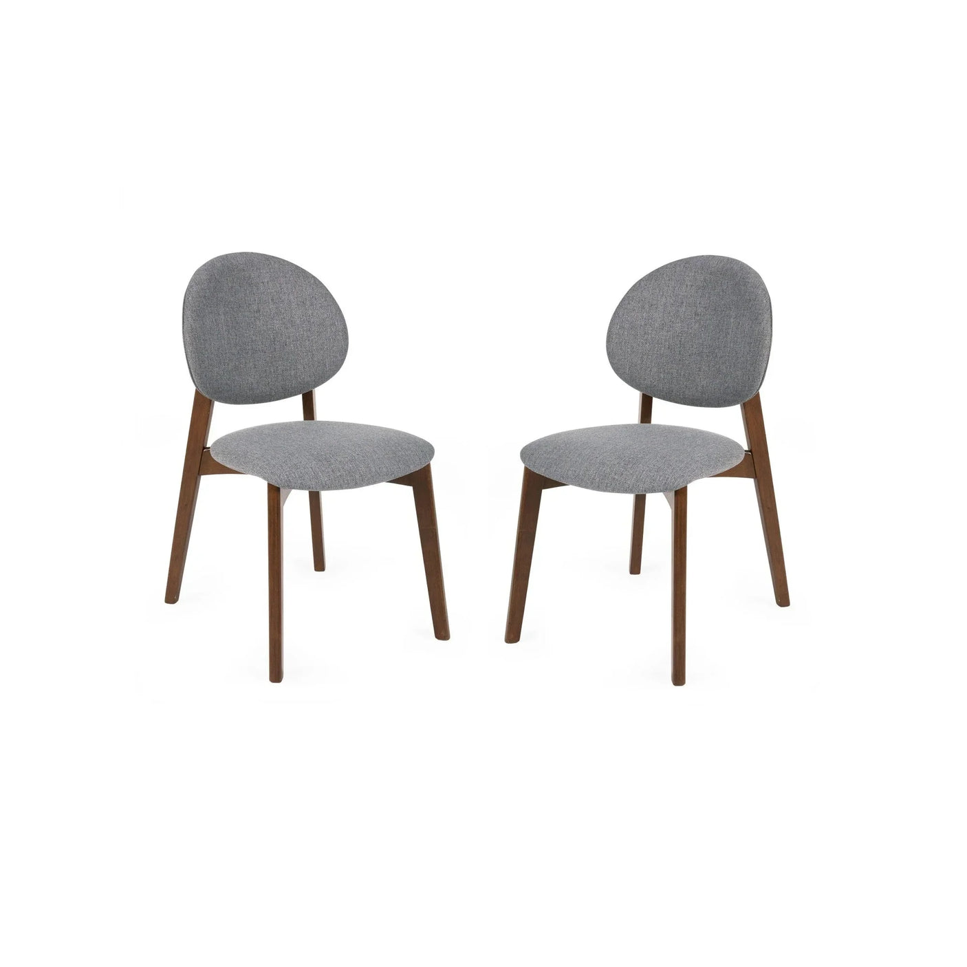 Pair of grey fabric dining chairs with curved backs and wooden legs on white background