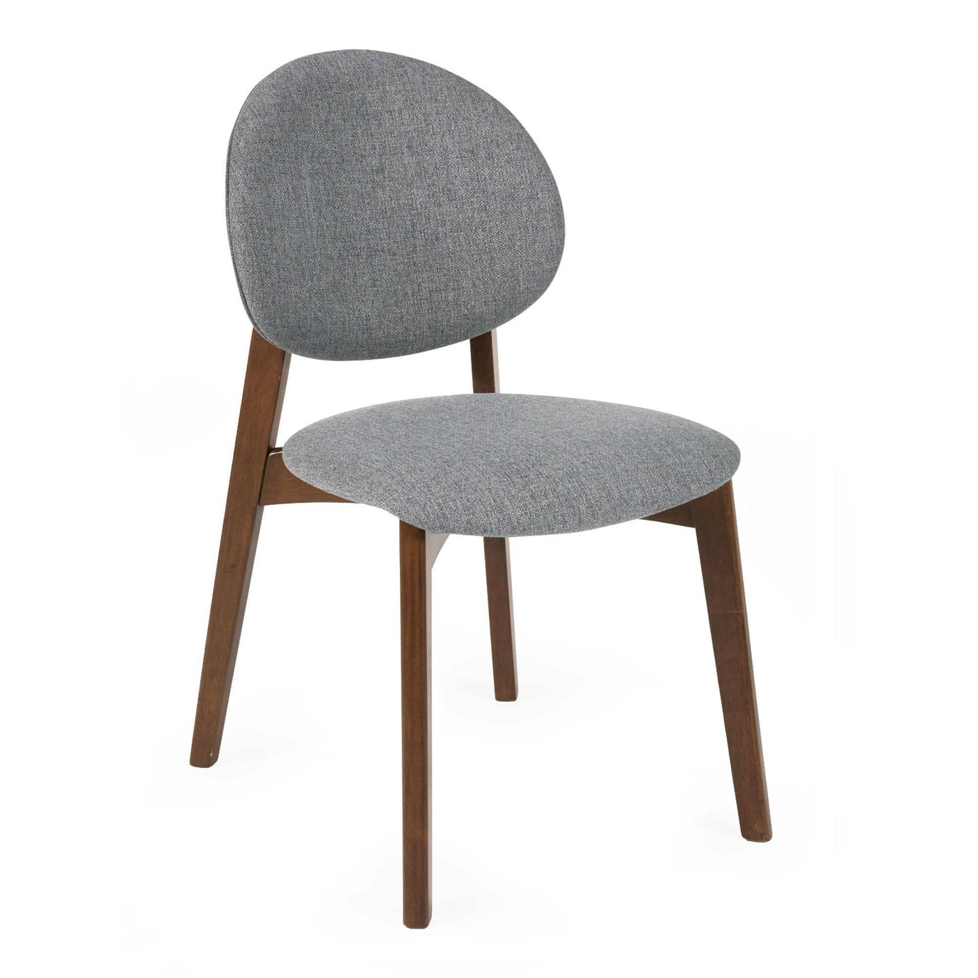 Grey fabric dining chair with curved backrest and wooden legs on white background