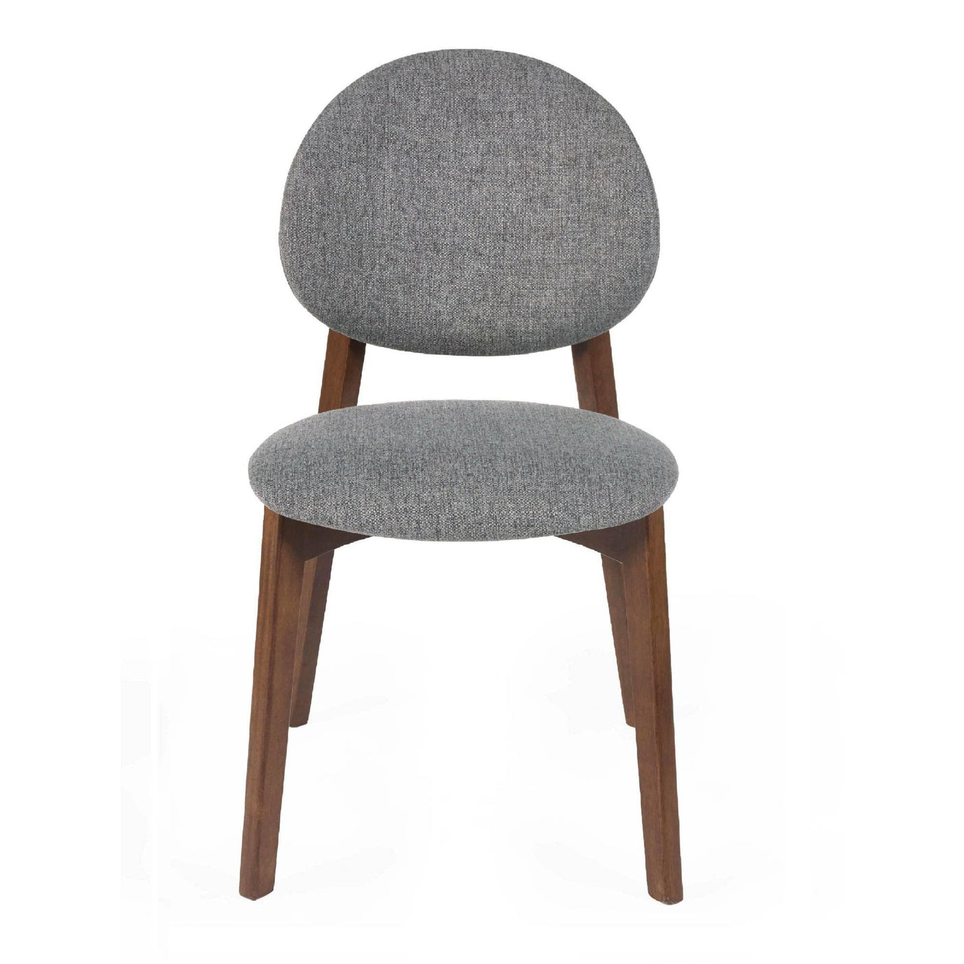 Grey fabric dining chair with rounded backrest and wooden legs, front view