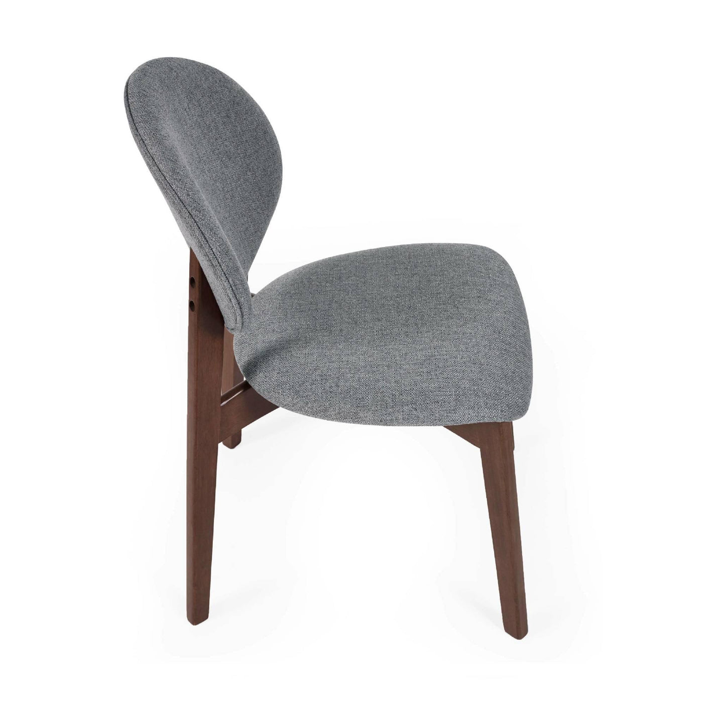 Side view of modern grey upholstered dining chair with curved back and wooden legs