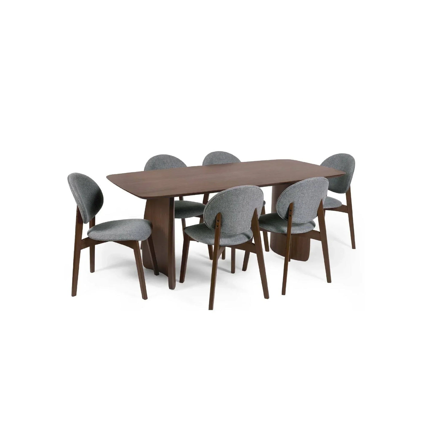 Rectangular wooden dining table with six grey upholstered chairs