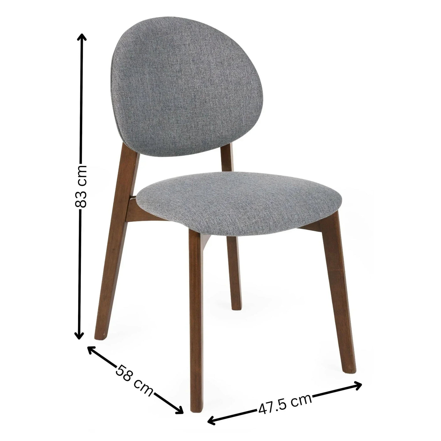 Grey fabric dining chair with wooden legs, shown with dimensions 83x58x47.5 cm