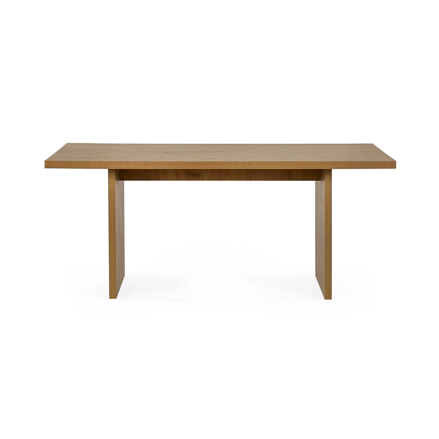 Rectangular oak dining table with straight legs and smooth wood finish, front view
