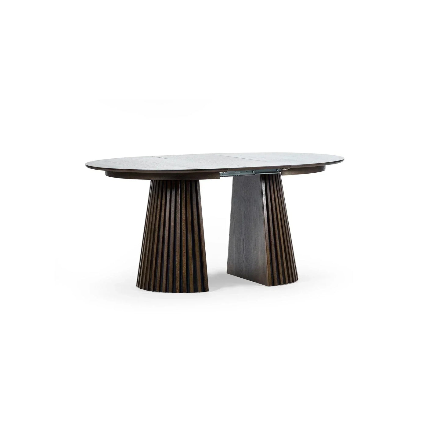 Oval dark wood dining table with fluted double pedestal base on white background