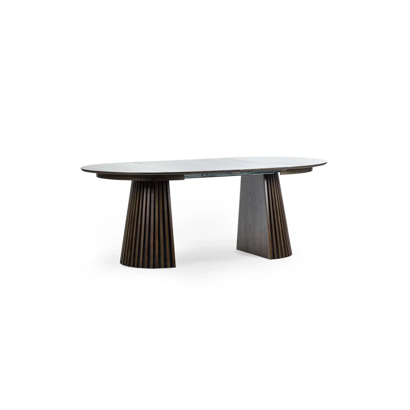Dark wood dining table with oval top and fluted double pedestal base