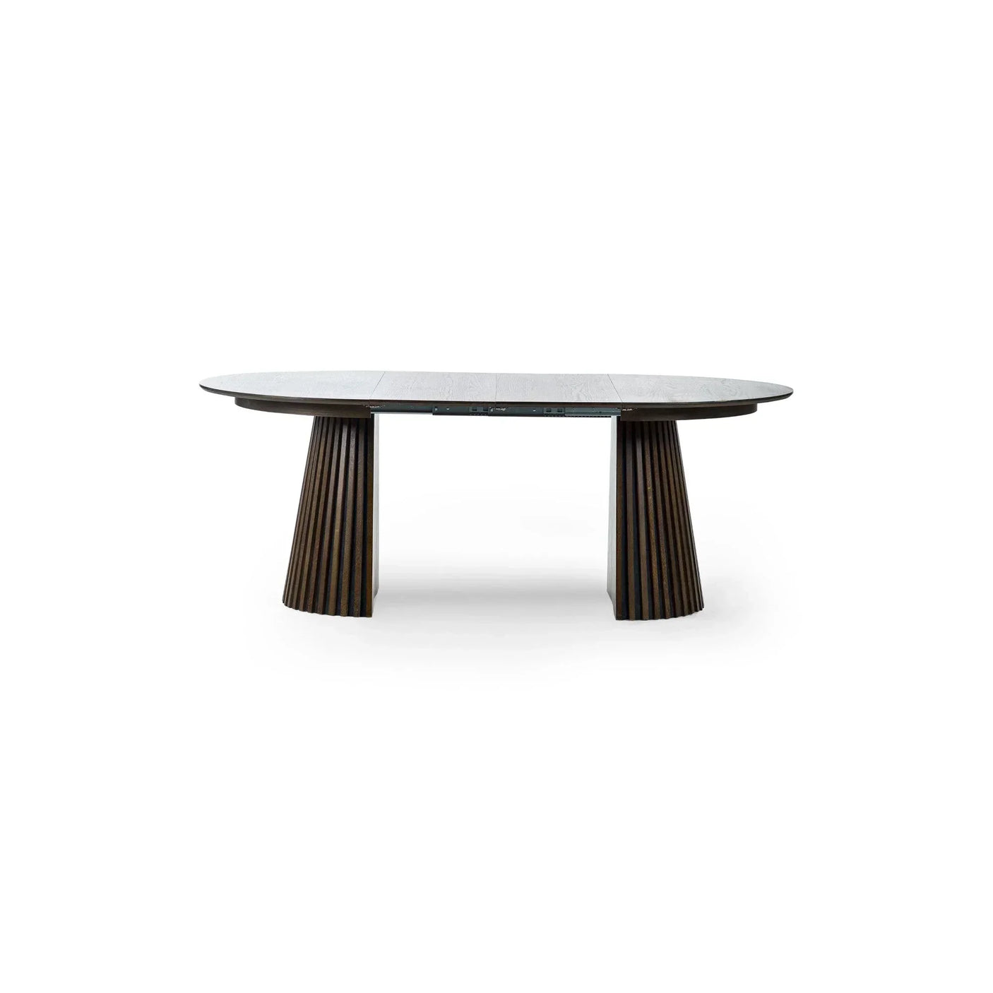 Dark wood dining table with oval top and twin fluted pedestal bases, front view