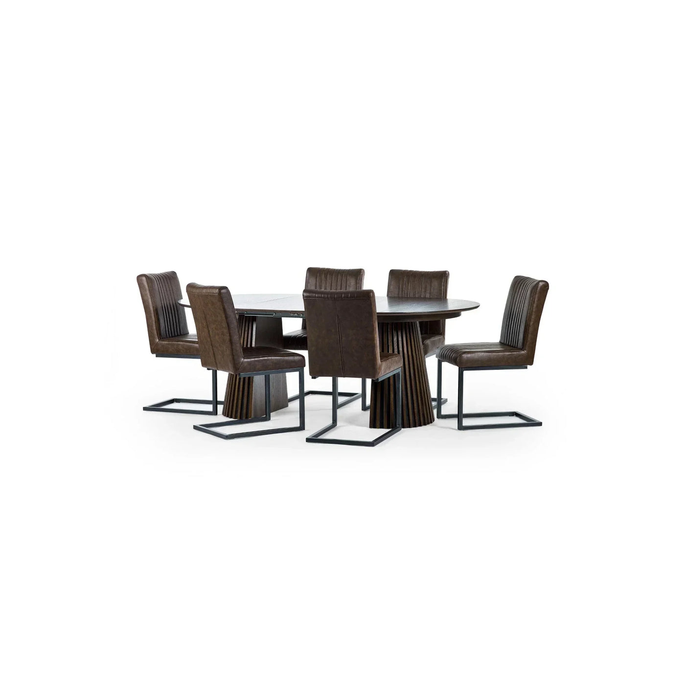 Dark brown dining table set with six leather chairs and metal frames on white background