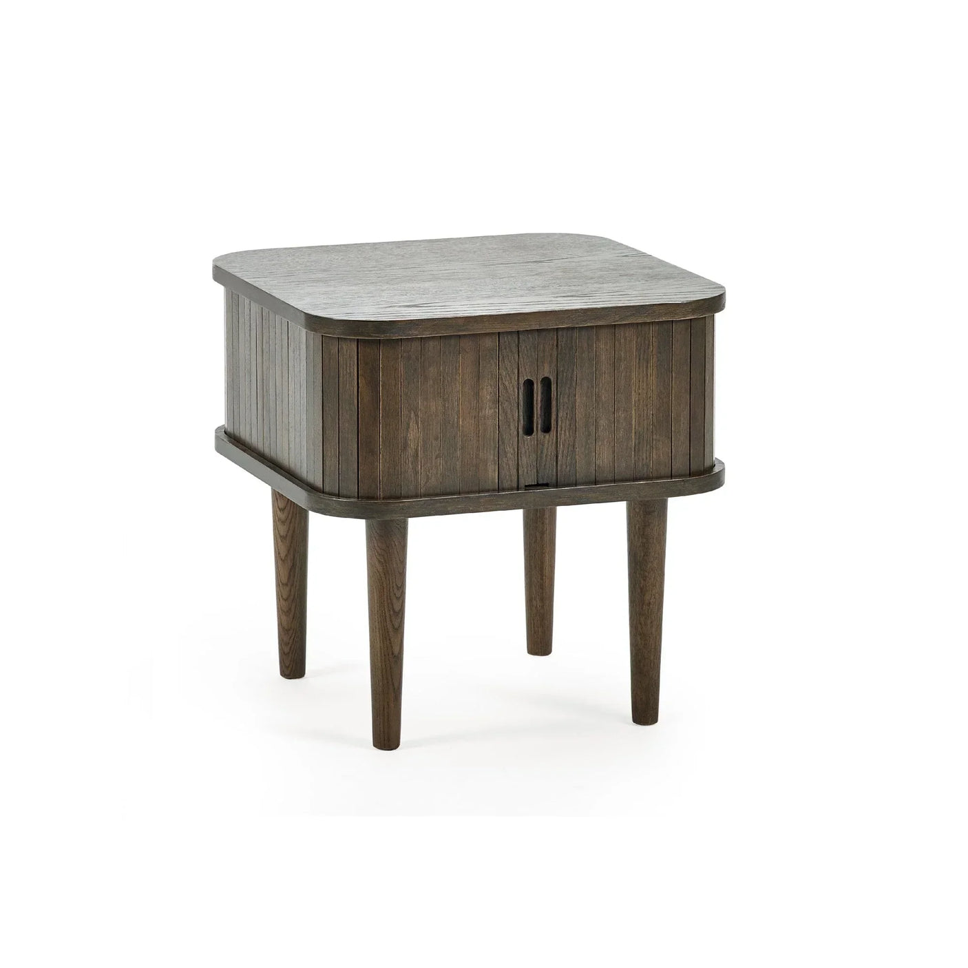 Dark wood side table with rounded corners, vertical panel detail and double front doors