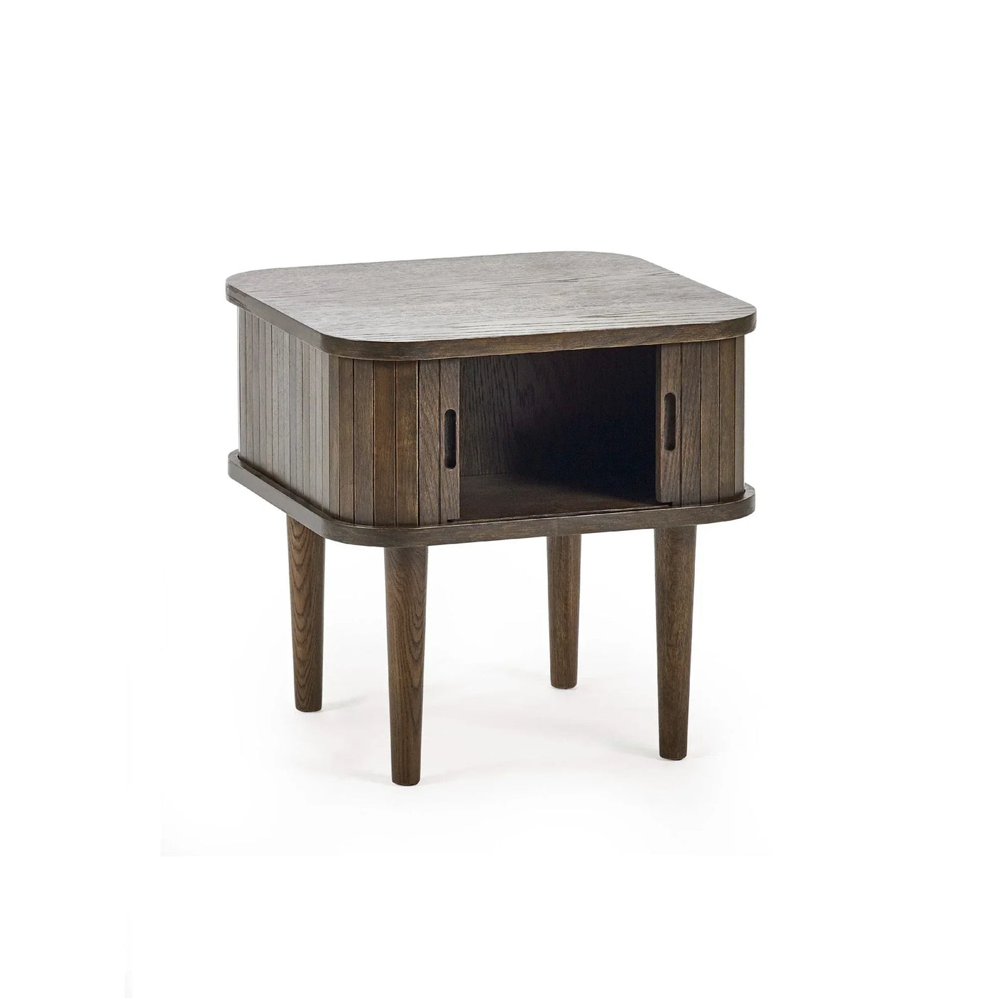 Dark wood side table with sliding doors and open storage on four tapered legs