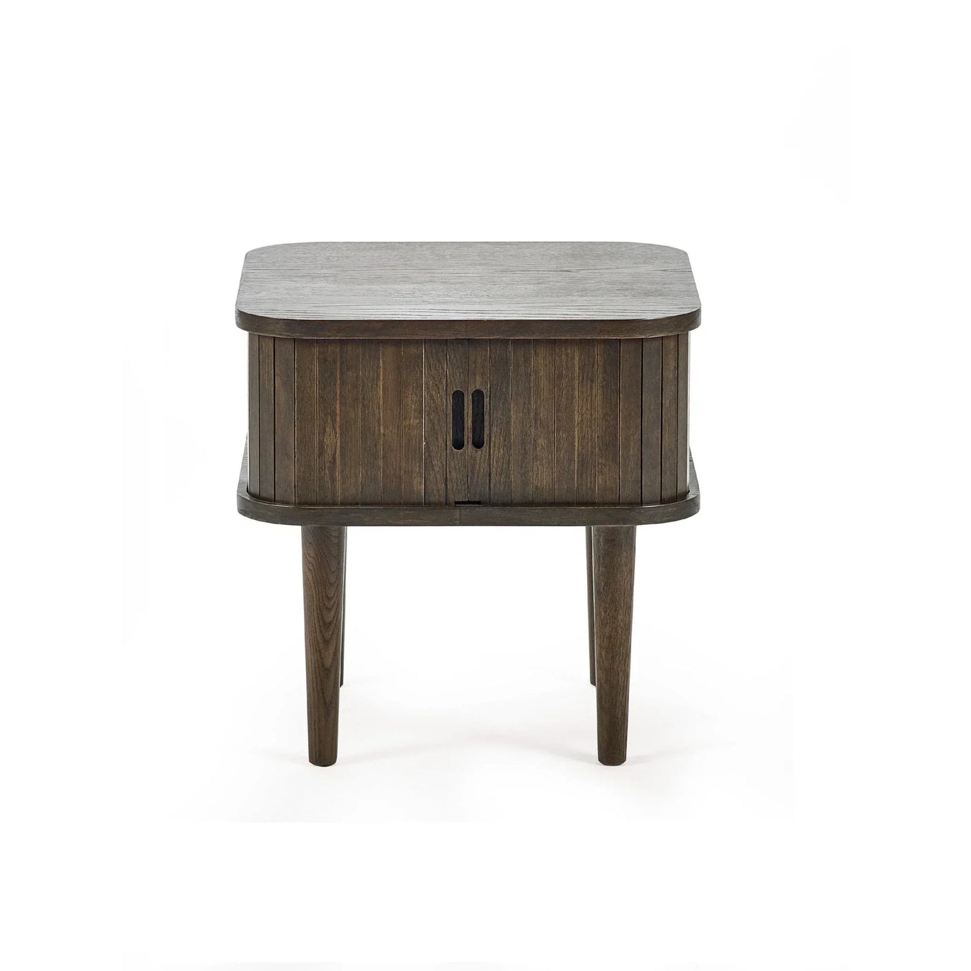 Dark wood side table with two cabinet doors and tapered legs on white background
