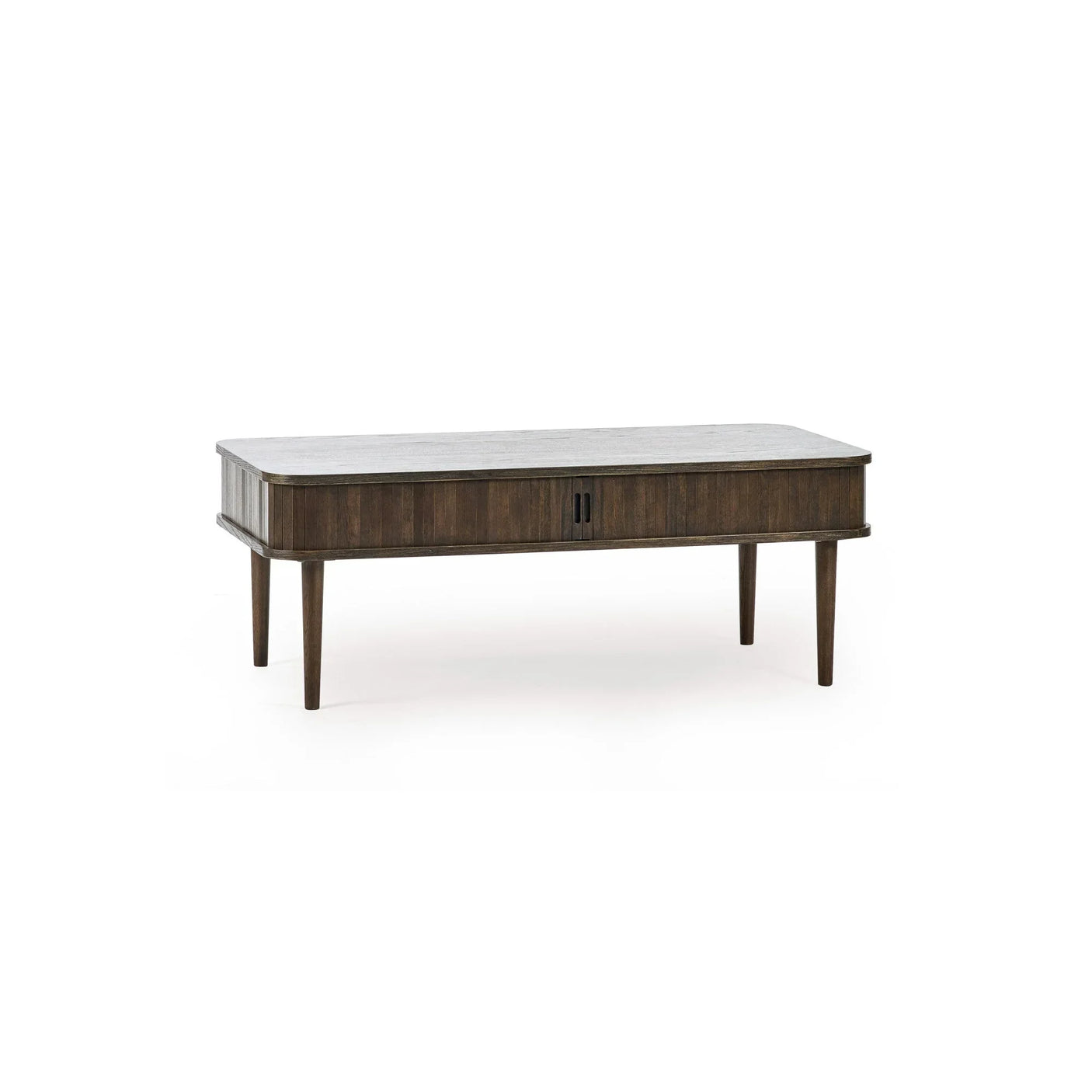 Rectangular dark wood coffee table with slim tapered legs and front storage drawers