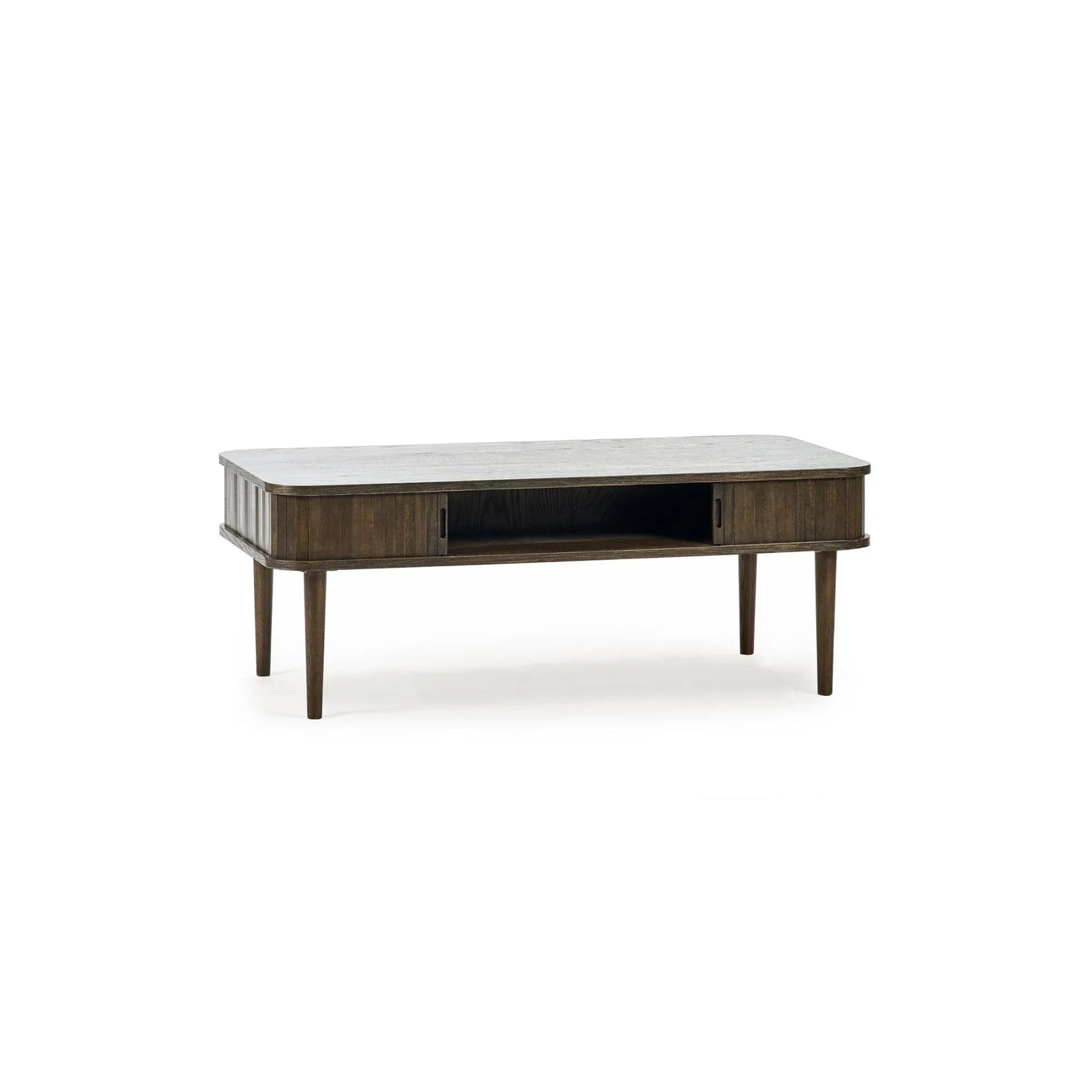 Dark wood coffee table with storage shelf and tapered legs on white background