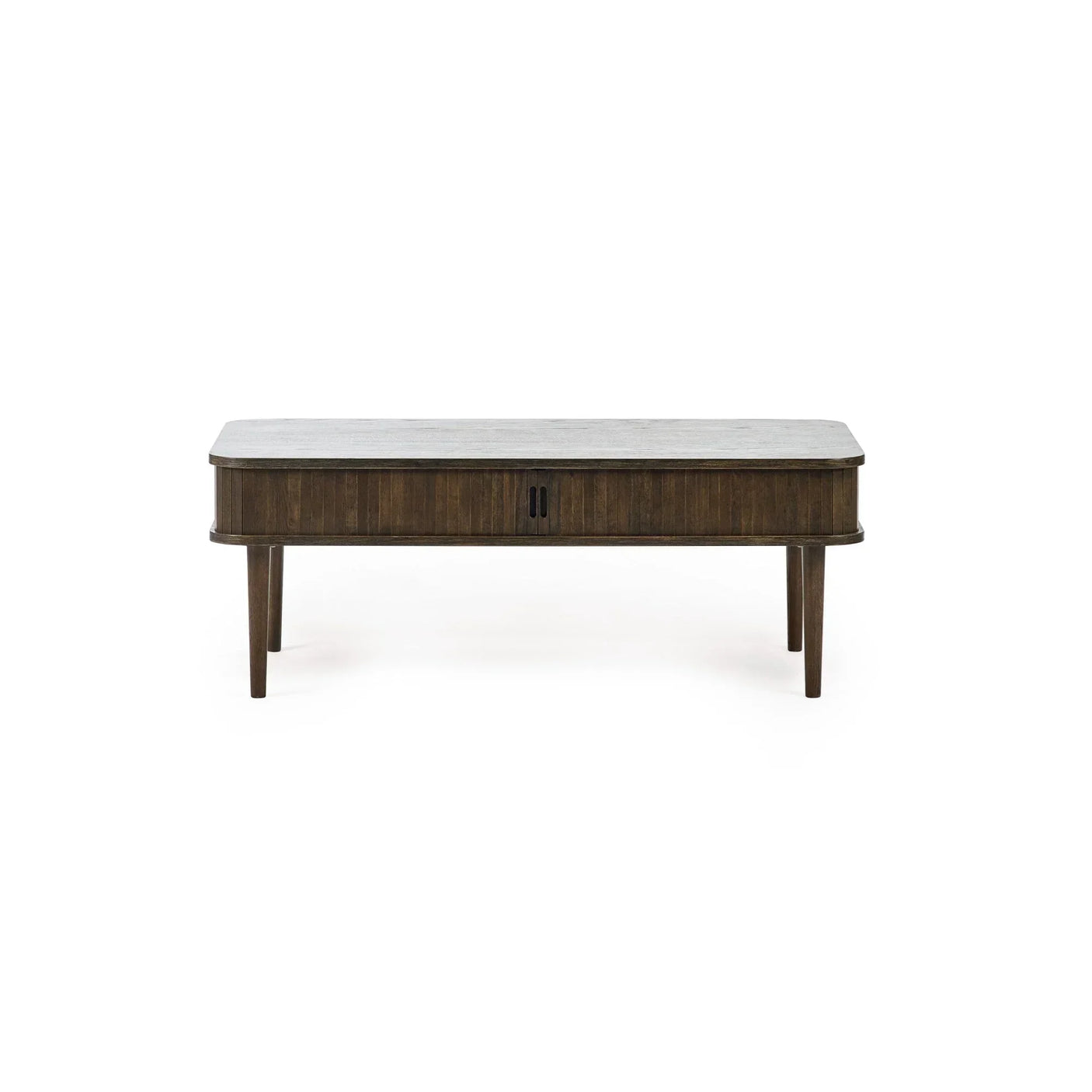 Rectangular wooden coffee table with storage drawer and tapered legs, front view
