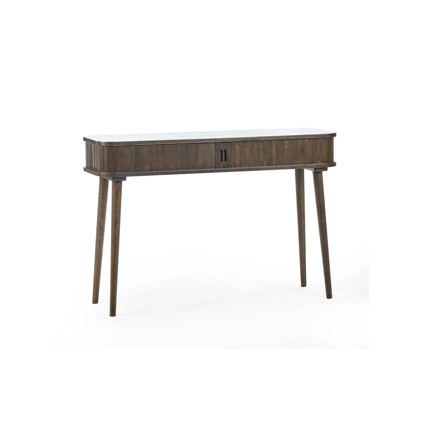 Dark wood console table with slim tapered legs and single center drawer