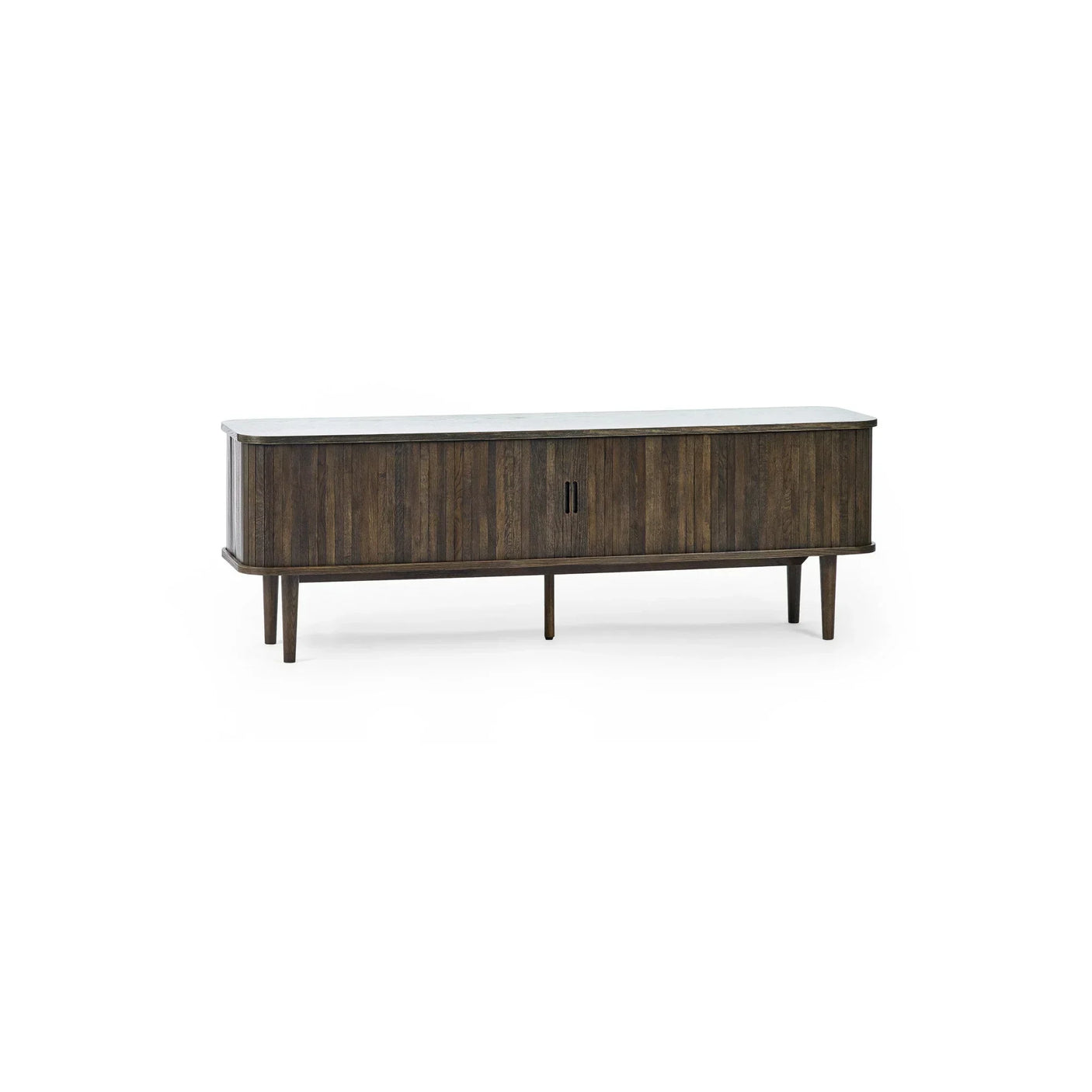 Dark wood sideboard with sliding doors and slim legs, mid-century modern style