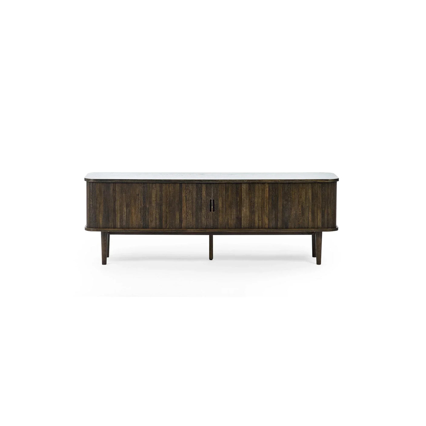 Dark wood sideboard with four cabinet doors and slim legs, front view on white background