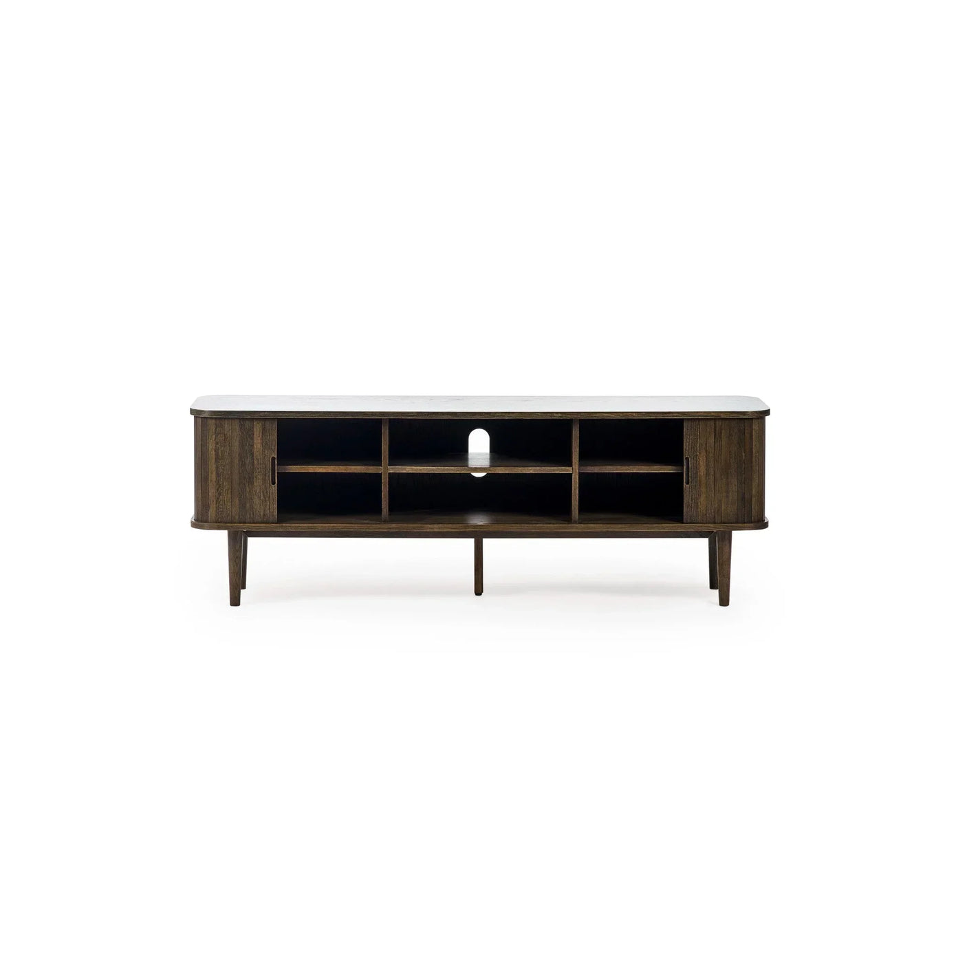 Dark wood TV unit with open shelves, two side cabinets and cable management hole, front view