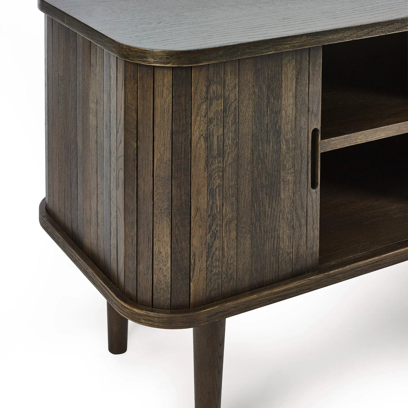 Close-up of dark wood sideboard with slatted panel design and open shelving