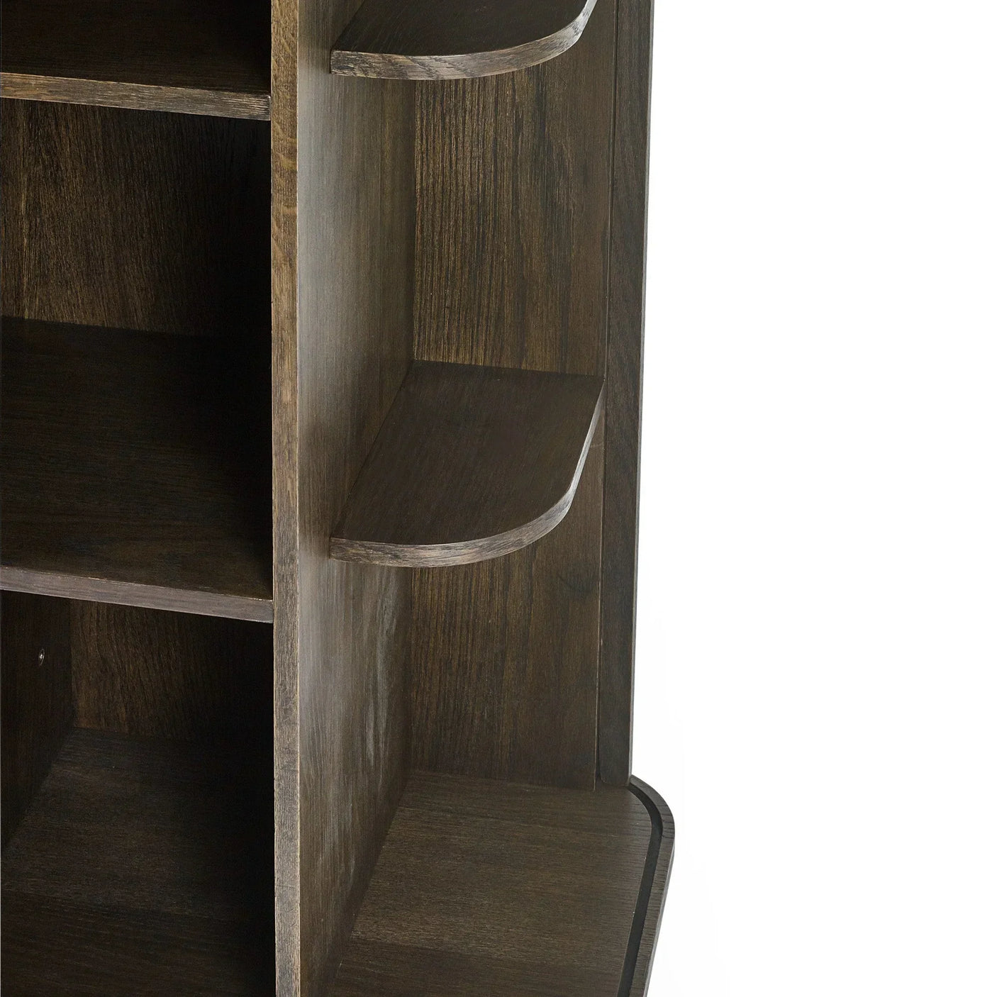 Walnut finish bookcase corner detail showing curved edge wooden shelving