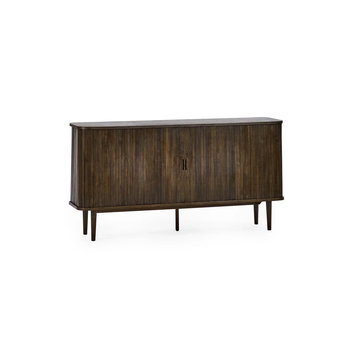 Dark wood sideboard with vertical slat doors and slim legs, front view