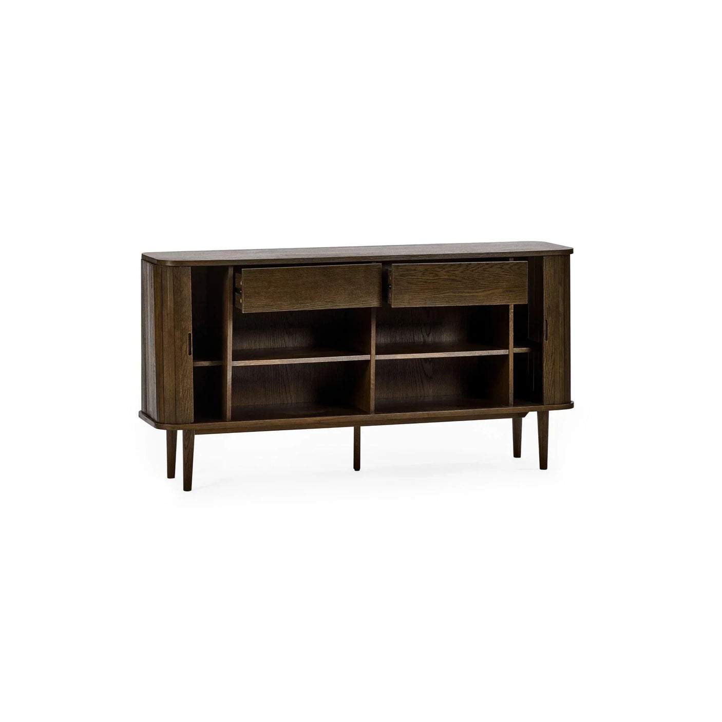 Dark wood sideboard with open shelving, two drawers, cabinet doors, and tapered legs