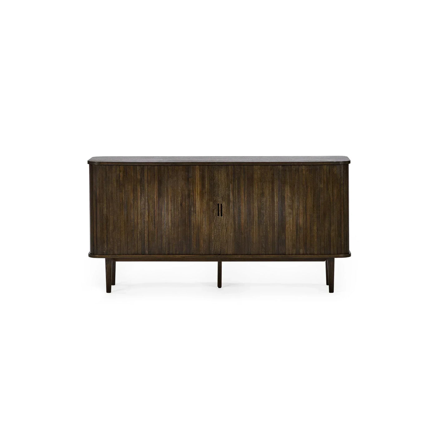 Dark wood sideboard with vertical panel doors and slim legs, front view