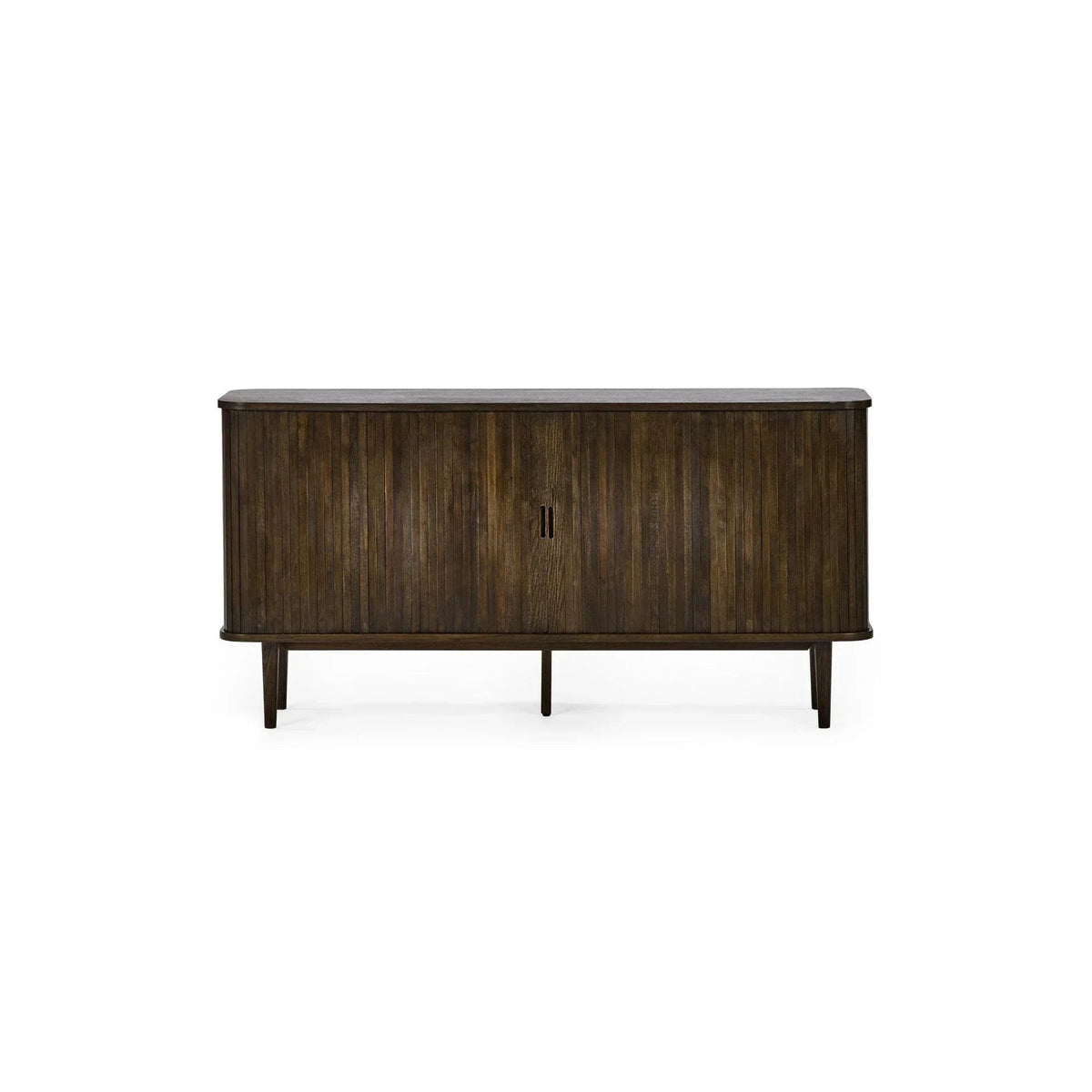 Dark wood fluted sideboard on tapered legs, straight front view
