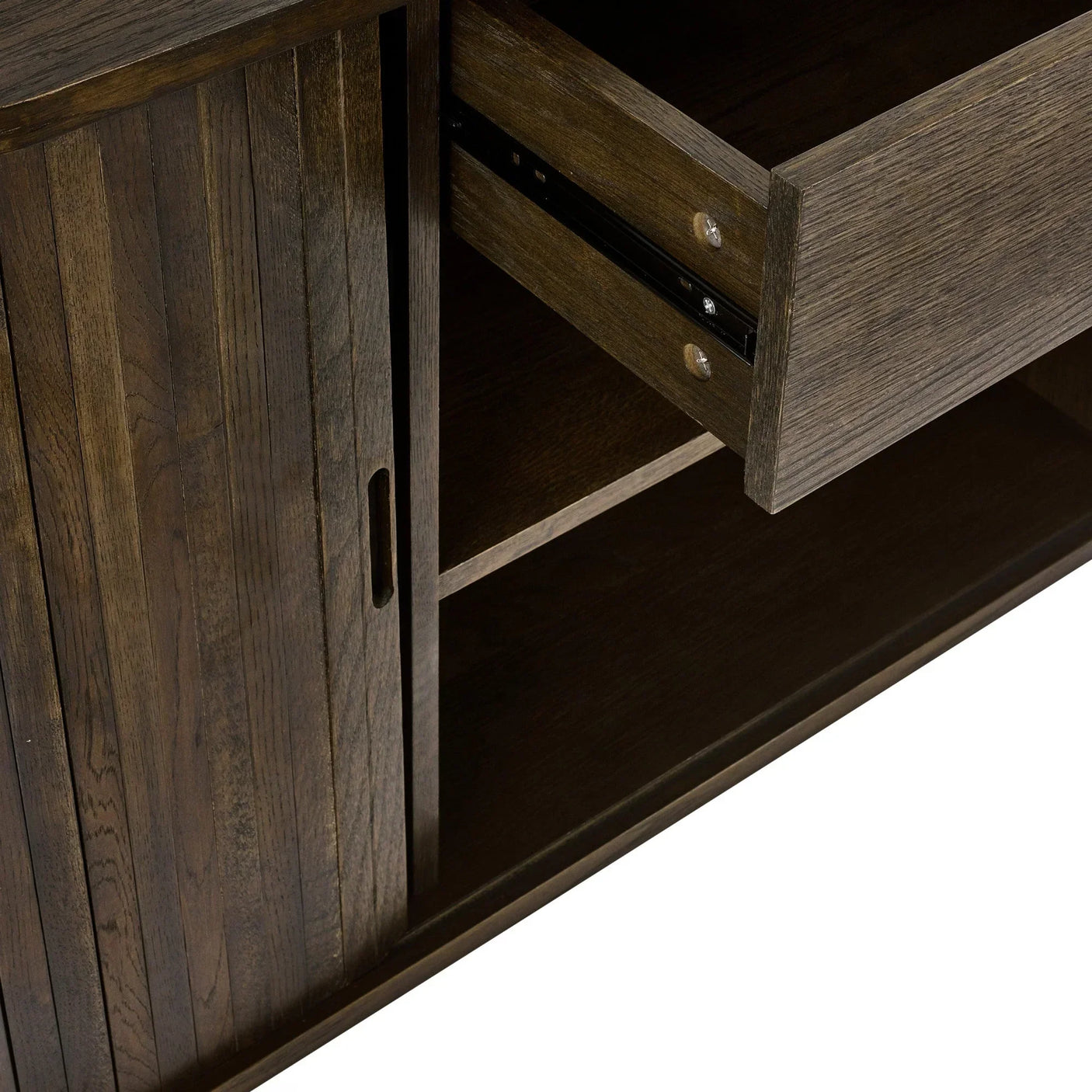 Dark wood sideboard with sliding door and open drawer showing shelf inside