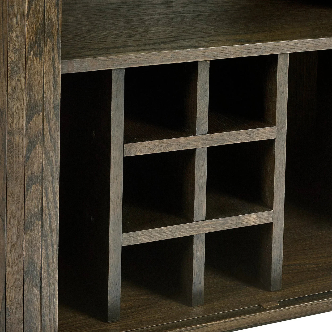 Dark wood furniture shelf with built-in wine rack grid compartments