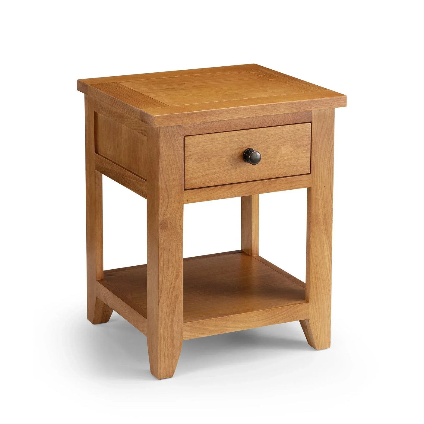 Oak lamp table with one drawer, lower shelf, and metal handle, angled front view