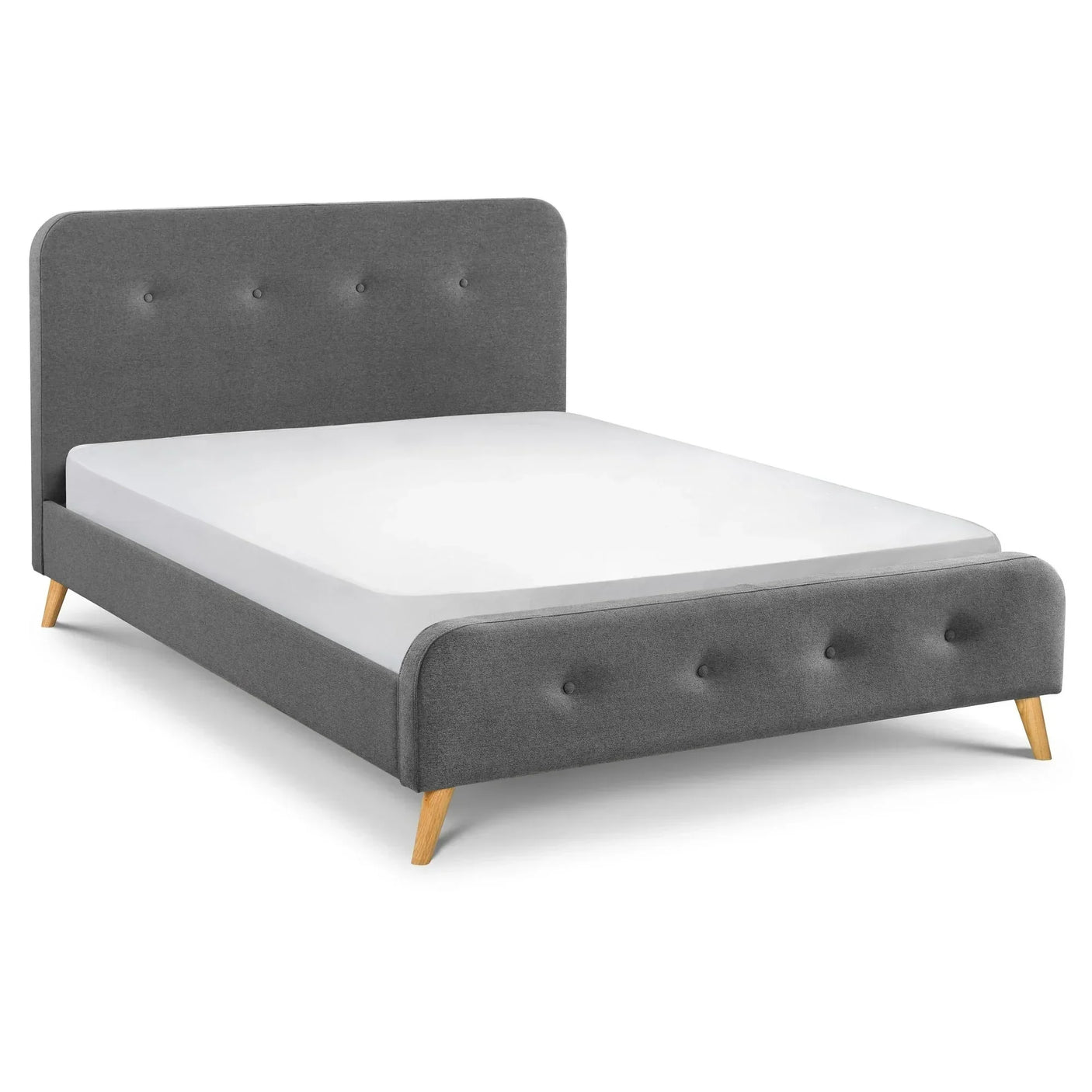 Grey linen double bed frame with buttoned headboard and wooden legs, front angle view