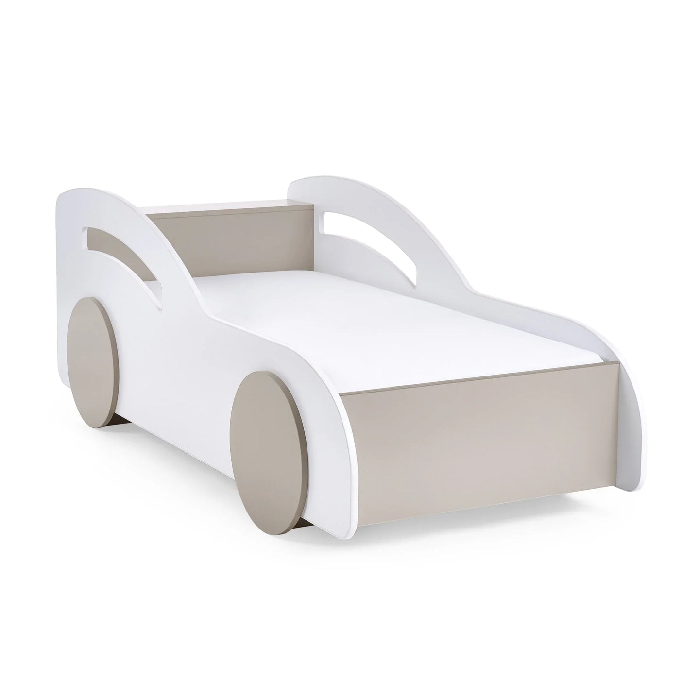 White and beige car-shaped kids bed with rounded edges and side cutout panels
