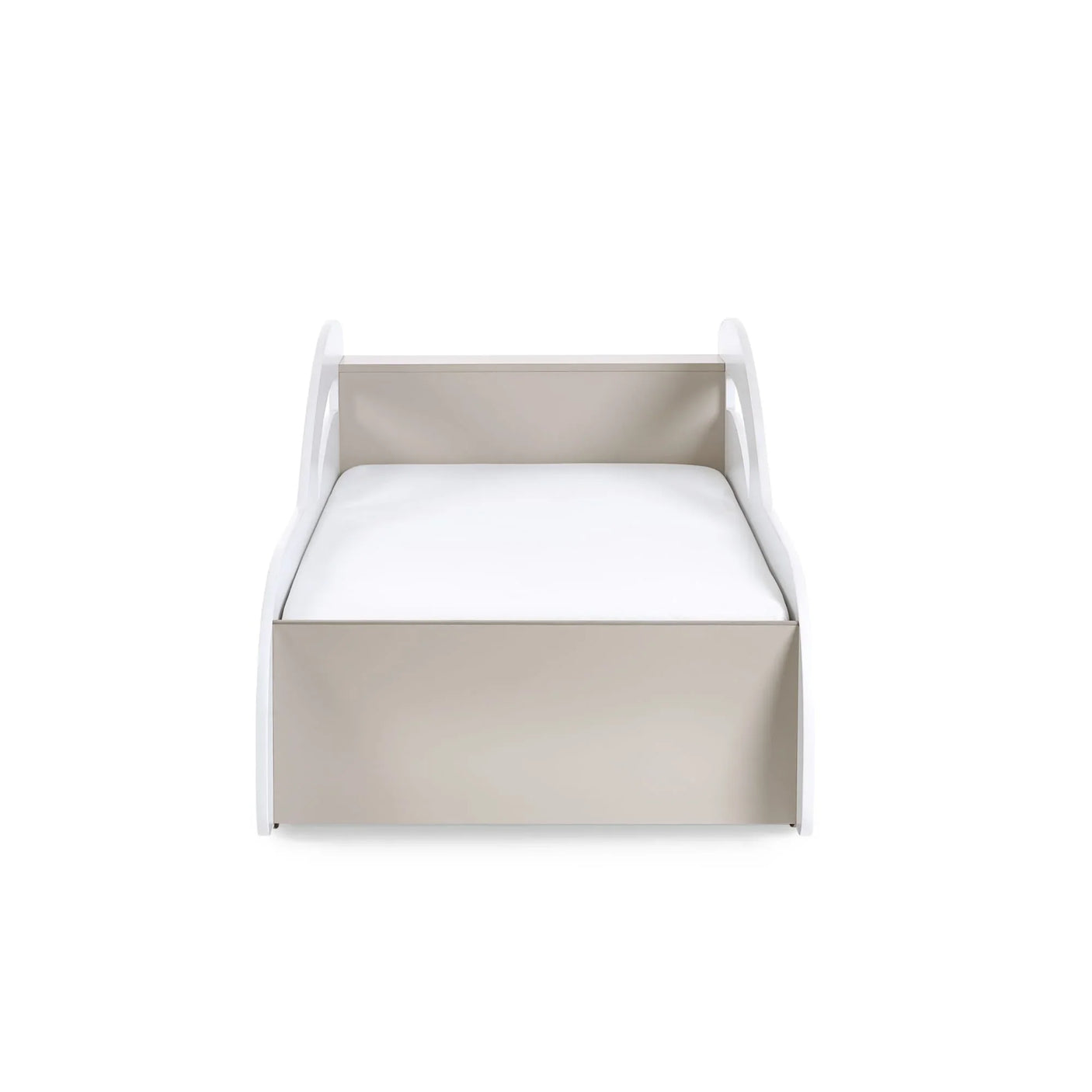 Single bed with white frame and beige panel, front view