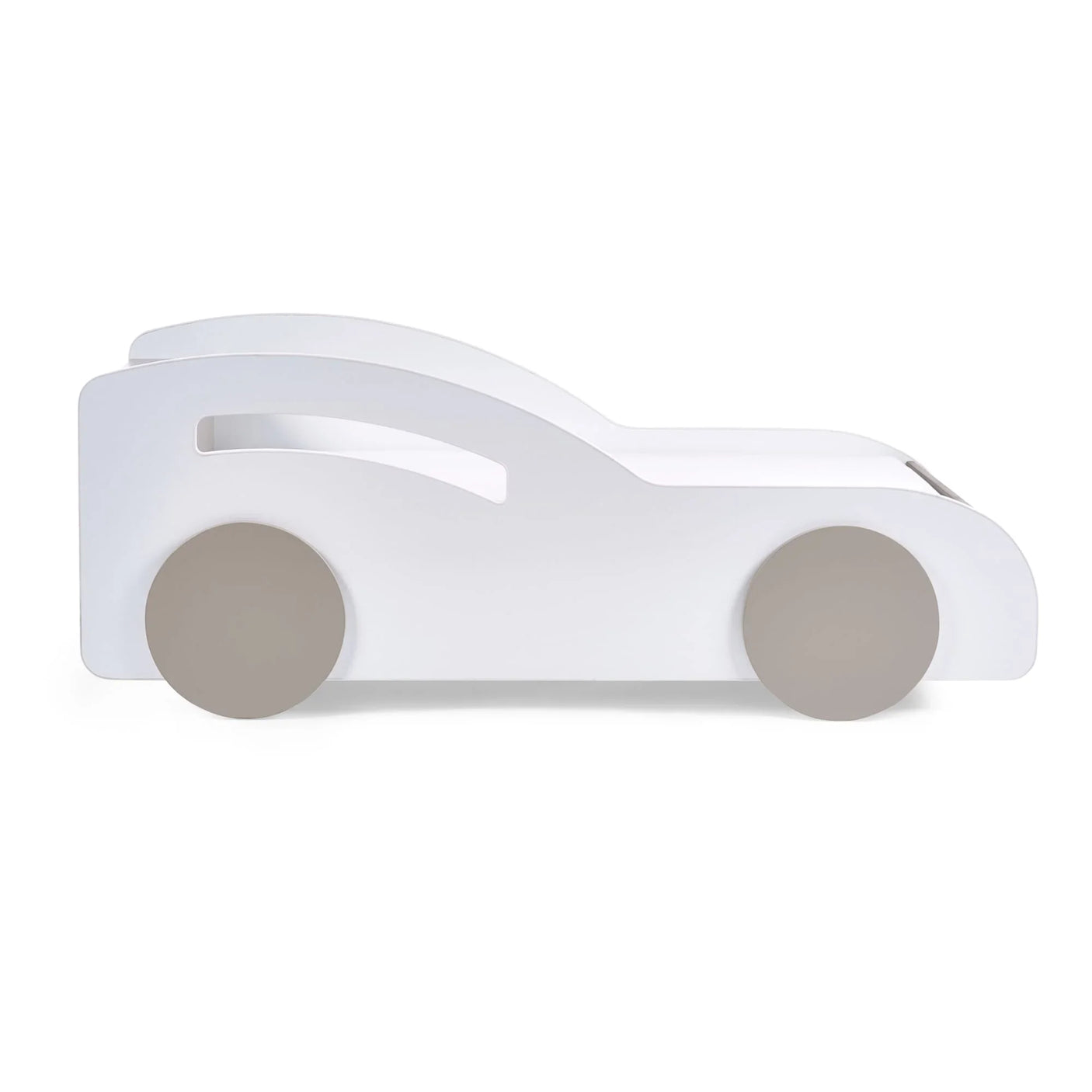 White kids car shaped bed frame with grey wheels, side profile view