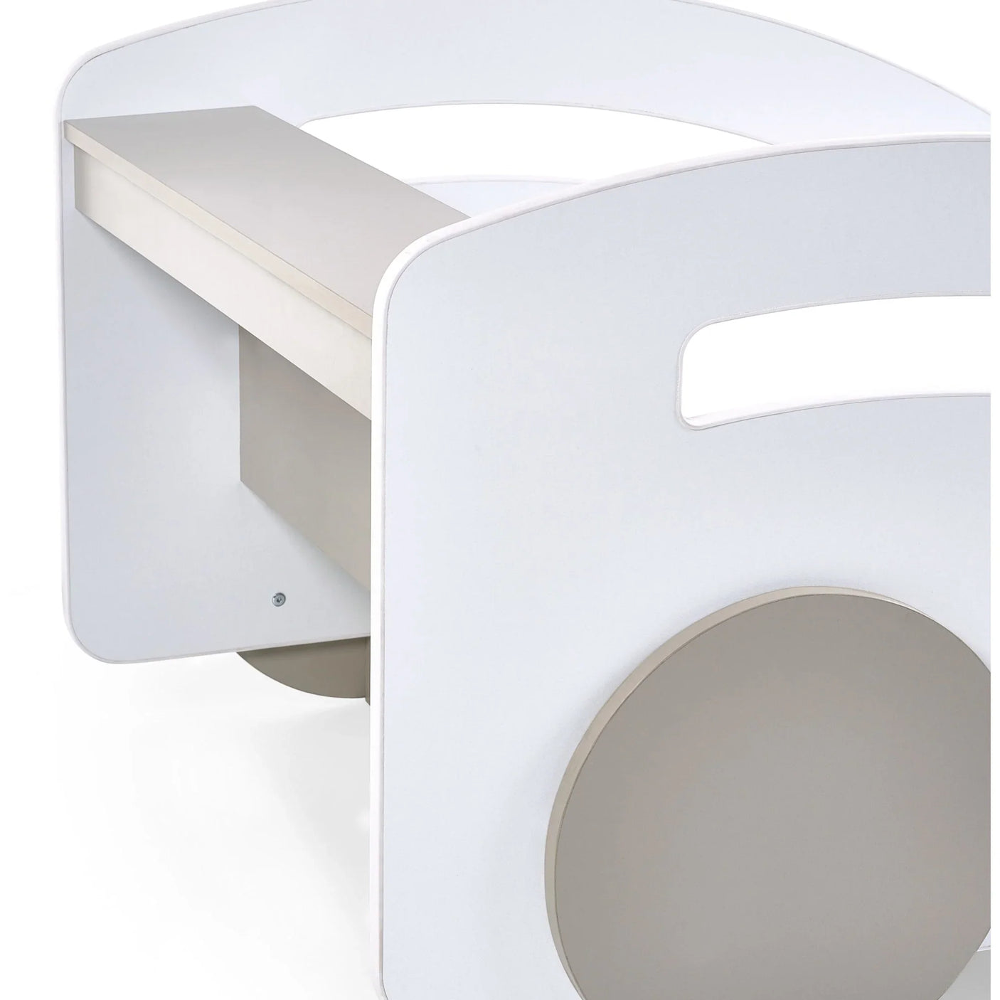 Modern white and grey kids desk with rounded edges and built-in handle cutout