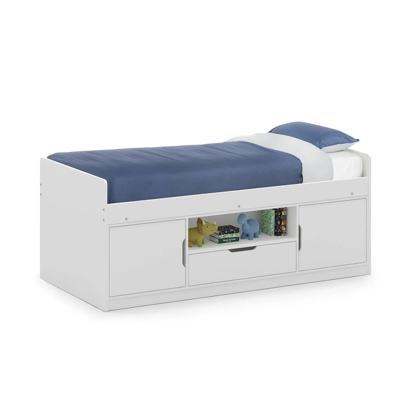 White low sleeper bed with blue bedding, built-in storage shelves and sliding doors