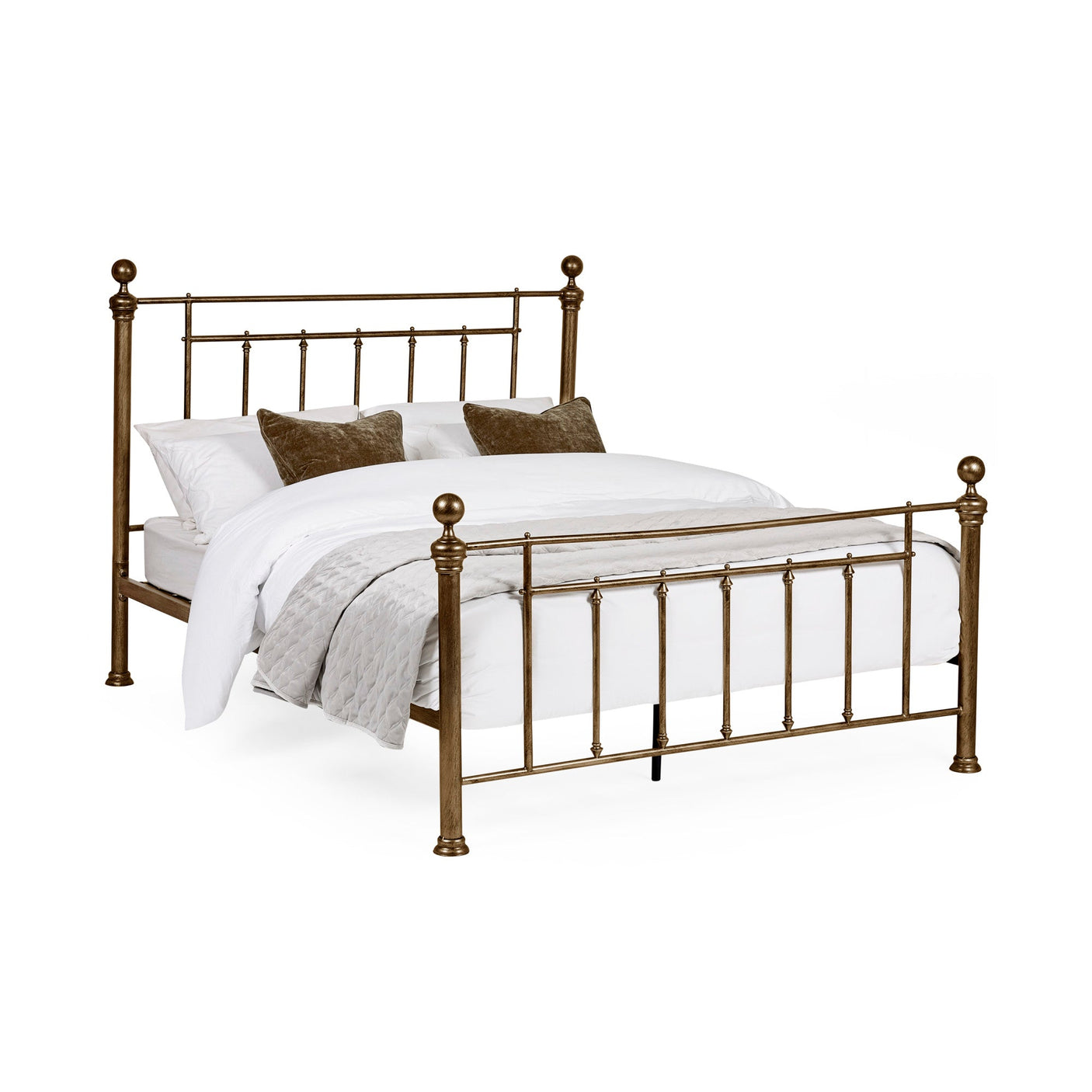 Gold metal bed with white bedding and gray quilt, viewed angled on white background