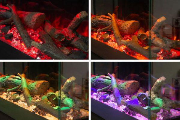 Electric fireplace logs with color-changing LED flames in modern glass-front display