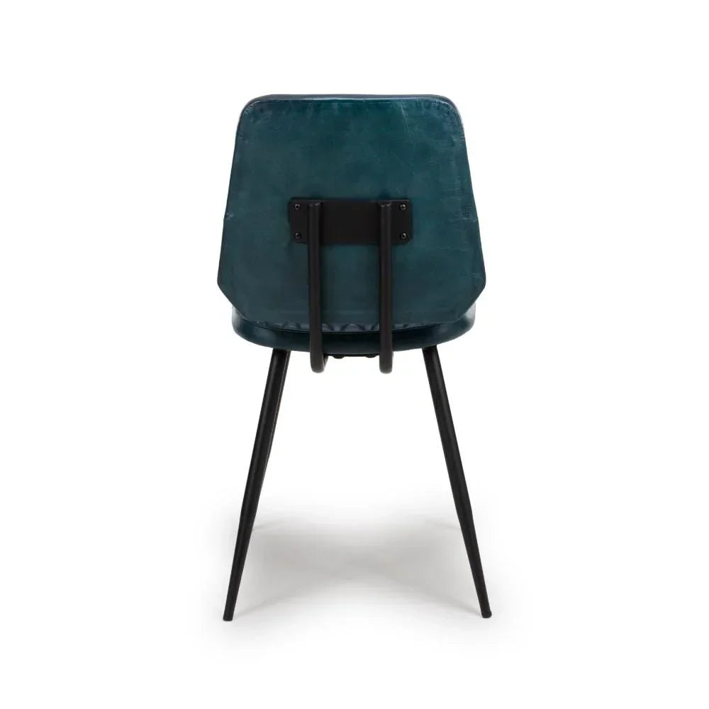 Blue faux leather dining chair with black metal legs, rear view highlighting backrest design