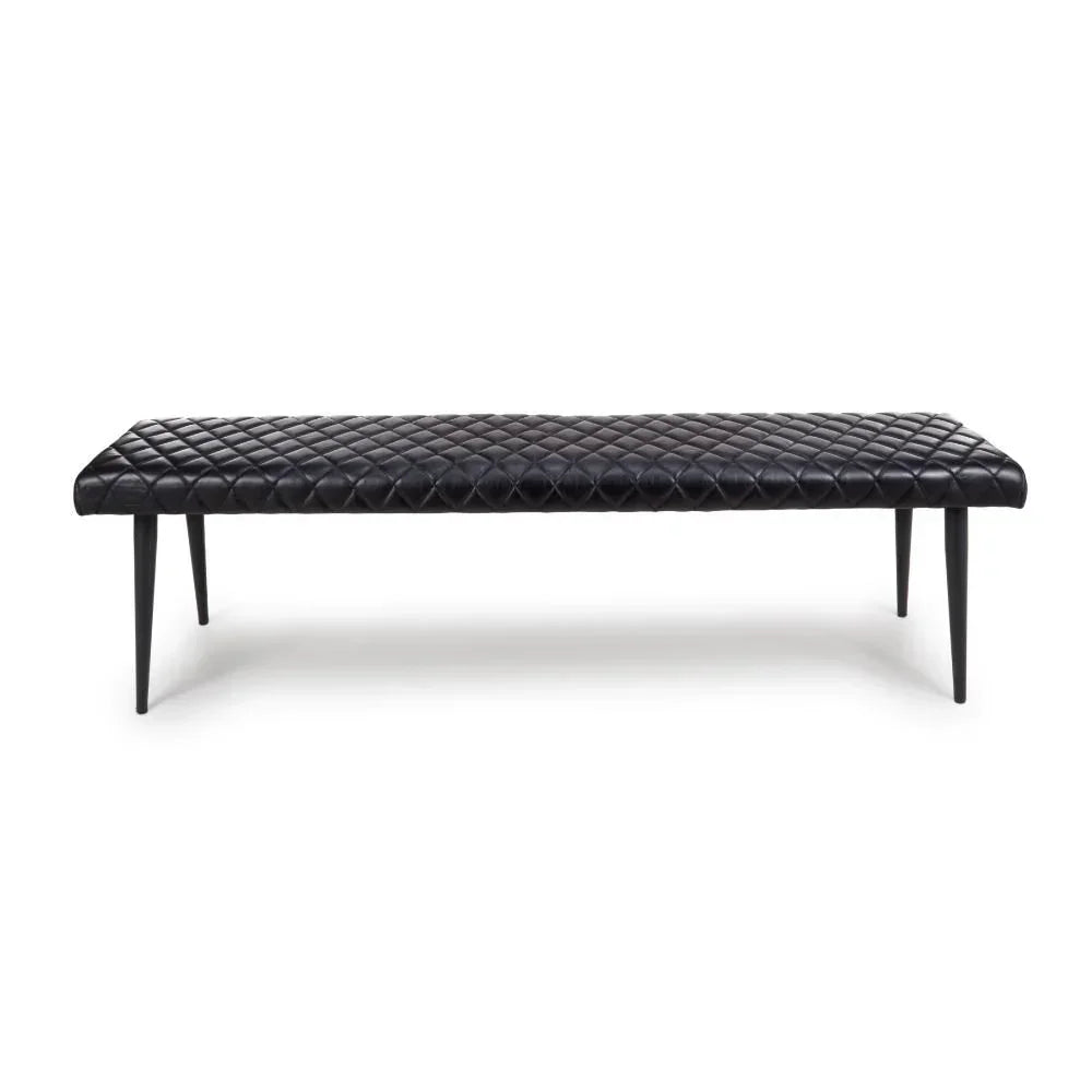 Black quilted bench with four tapered legs and upholstered diamond-stitched seat