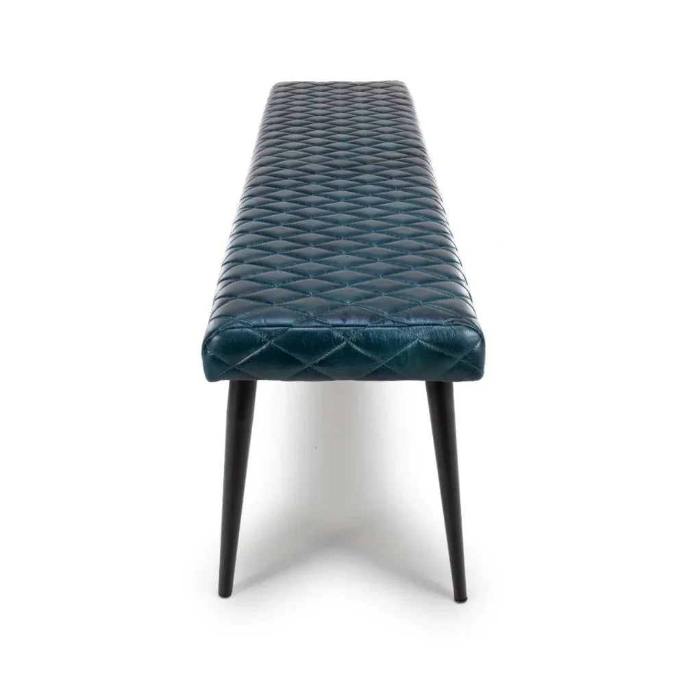 Blue quilted leather dining bench with black legs, front angle view