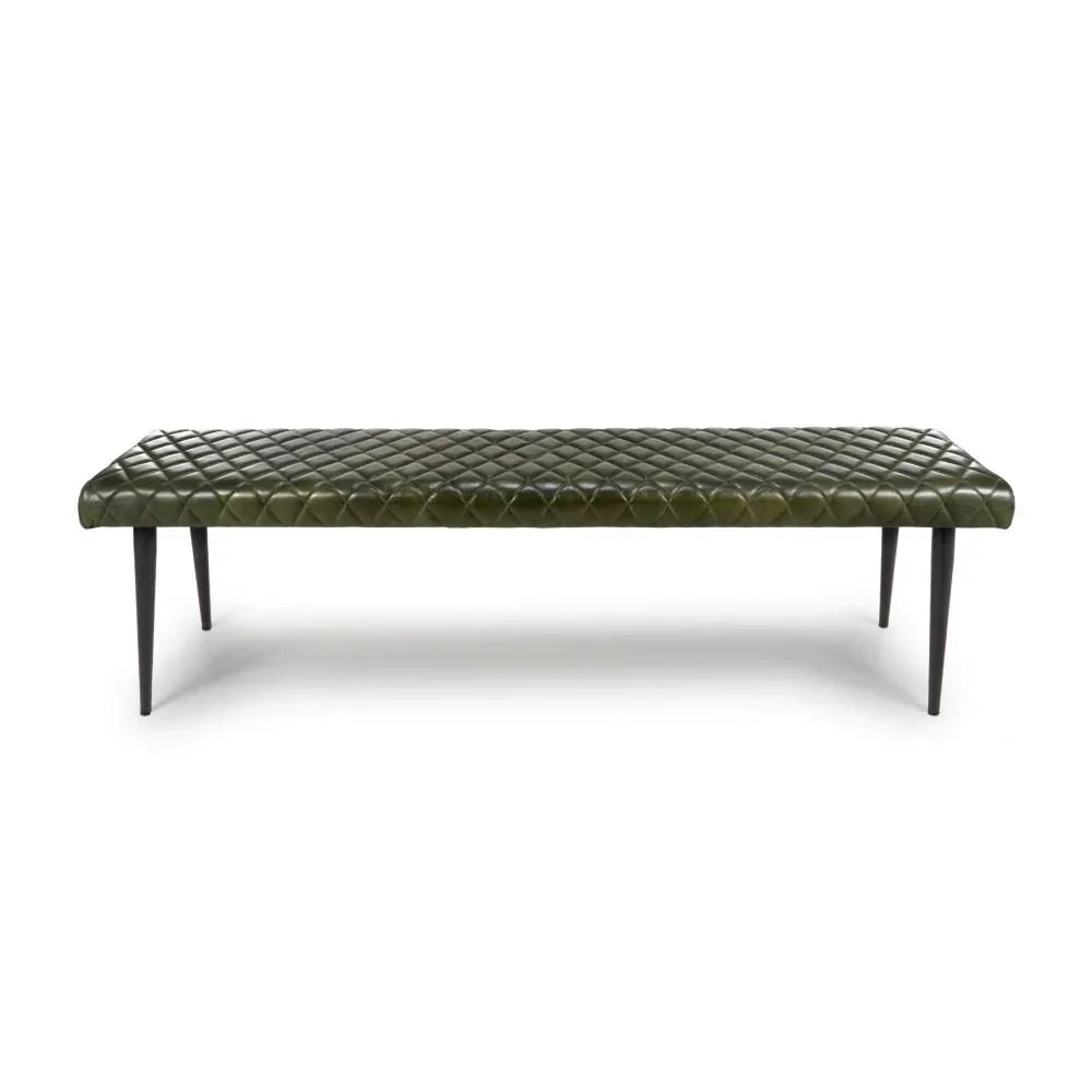 Olive green quilted leather bench with tapered black legs, front view