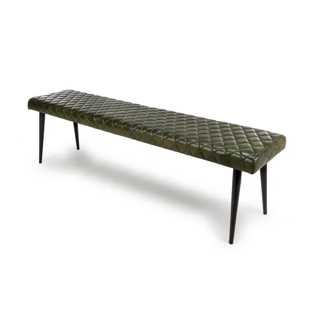 Green leather dining bench with quilted seat and black tapered legs on white background