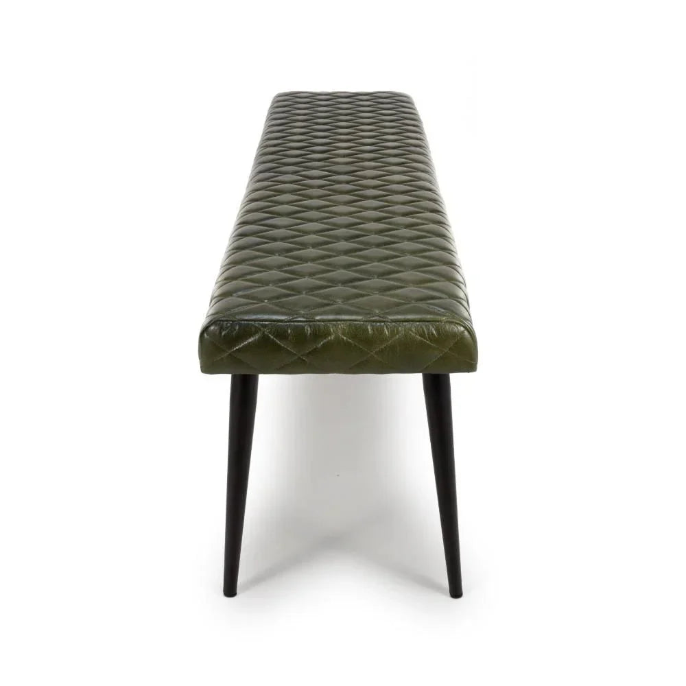 Green leather bench with diamond stitching and black tapered legs, front view