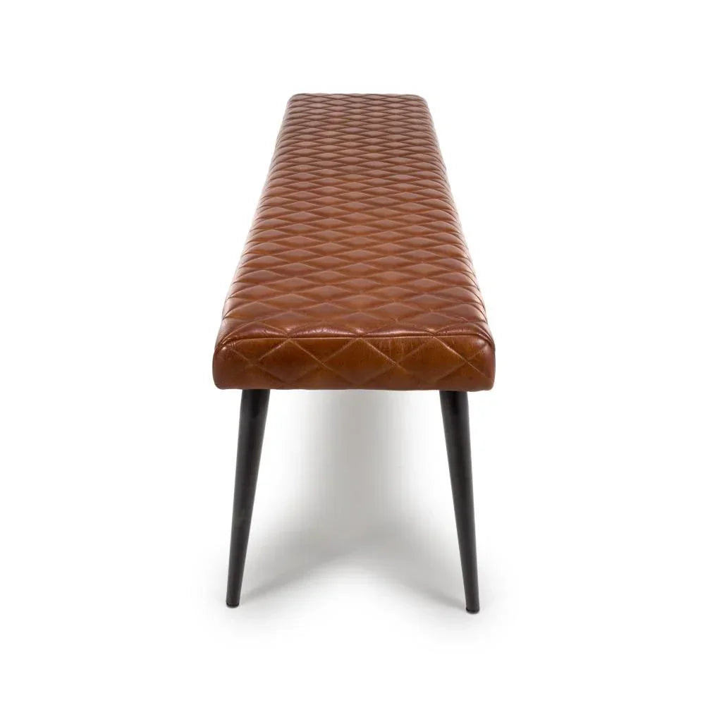 Brown leather dining bench with diamond stitching and black legs, front view