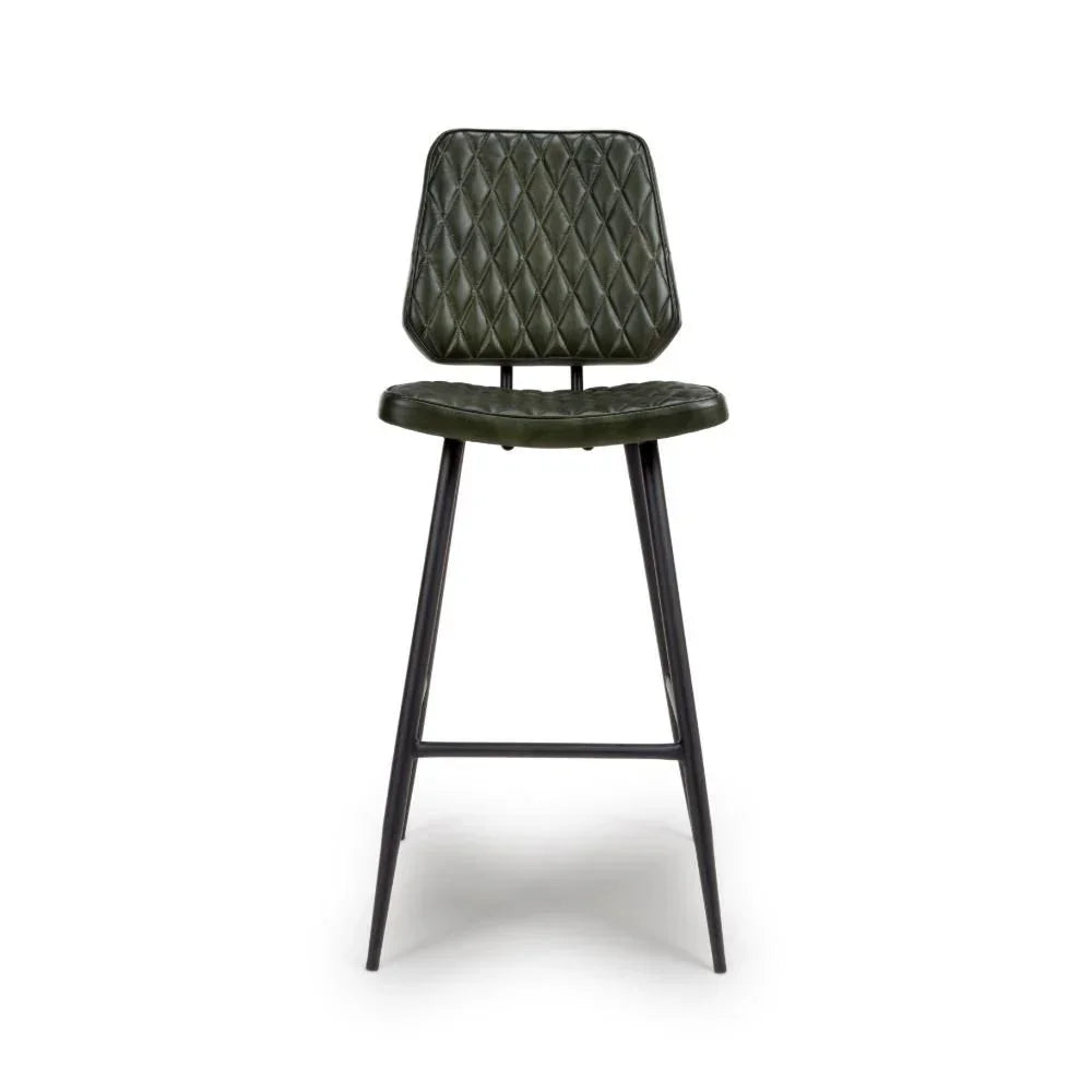 Green leather bar stool with diamond stitched backrest and black metal legs, front view