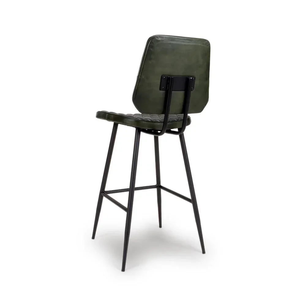 Green leather bar stool with metal legs and quilted backrest, rear angle view