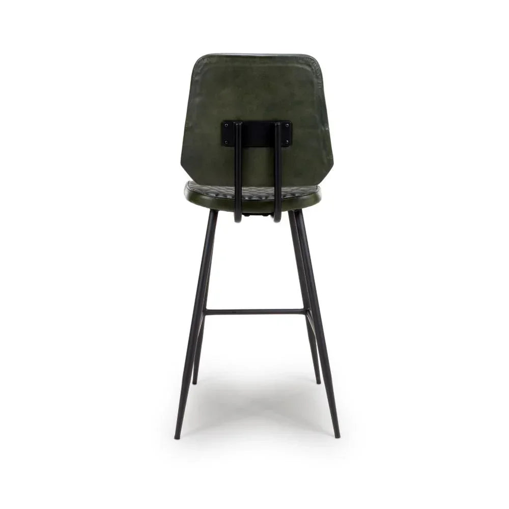 Green bar stool with metal legs and angled backrest, rear view