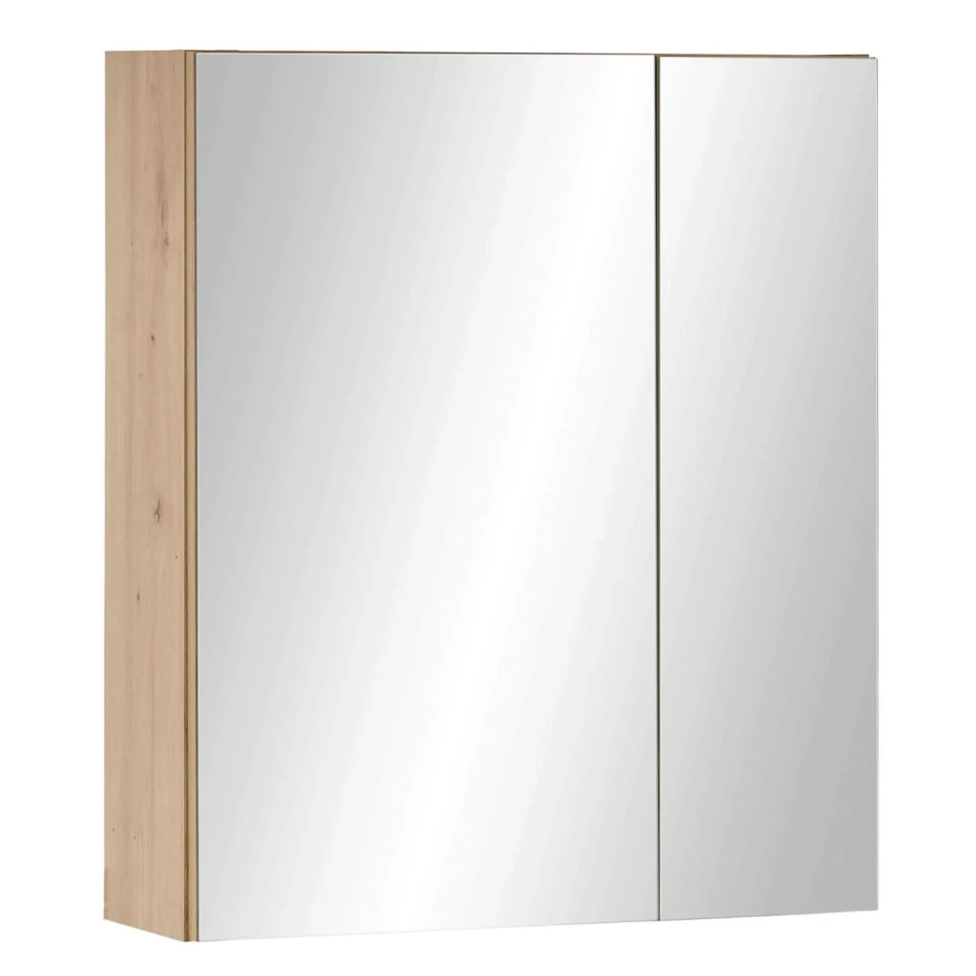 Wooden bathroom cabinet with double mirrored doors and natural oak finish